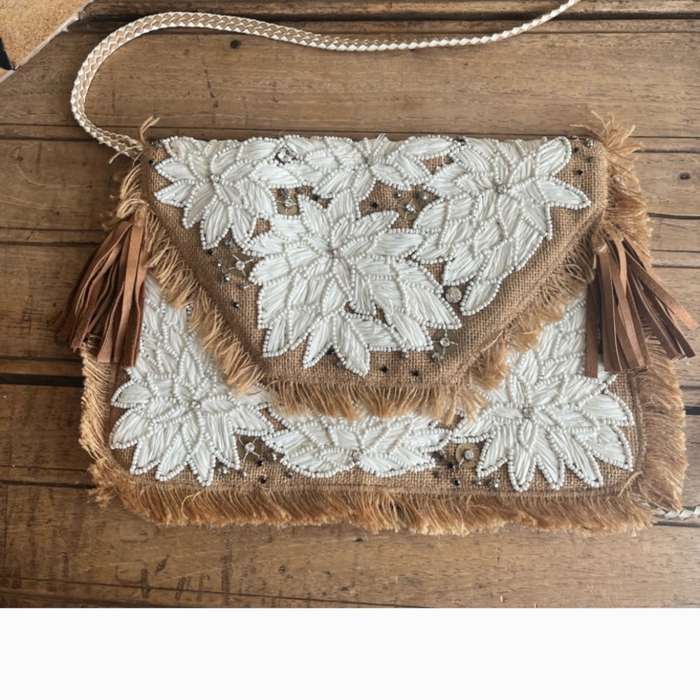 Elegant White and Brown Floral Clutch/Cross Body